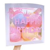 Cutie pentru baloane, flippy, tematica aniversare, model scris happy birthday, baloane albastre, roz, galbene si panglica incluse, contur alb, transpa