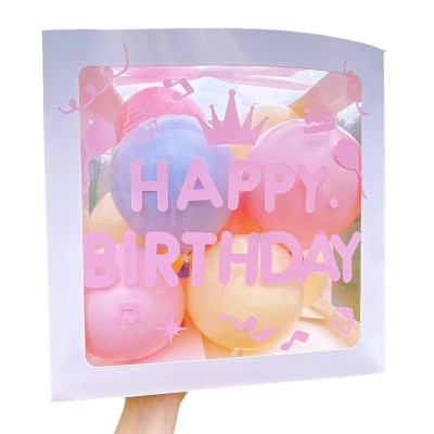 Cutie pentru baloane, flippy, tematica aniversare, model scris happy birthday, baloane albastre, roz, galbene si panglica incluse, contur alb, transpa foto