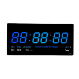 Ceas digital, 46 x 21.5 x 3 cm, LED-uri albastre, time memory, data, temperatura, 4 butoane, sticla, plastic, Negru, General