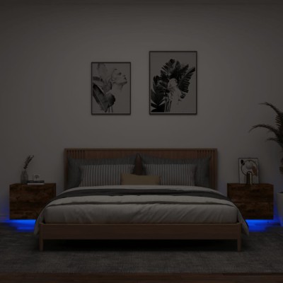 Gossi noptiere montate pe perete cu lumini led, 2 buc.,stejar fumuriu foto