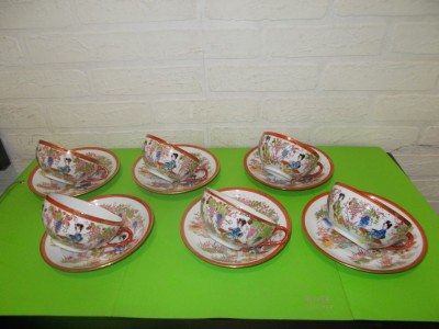 PORTELAN japonez COAJA DE OU cu filigran litophane CAP DE GEISHA - set de ceai pentru 6 persoane foto