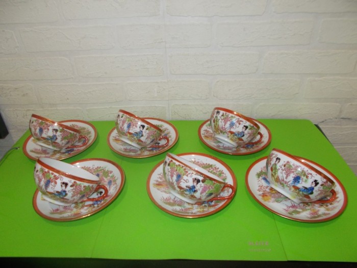 PORTELAN japonez COAJA DE OU cu filigran litophane CAP DE GEISHA - set de ceai pentru 6 persoane