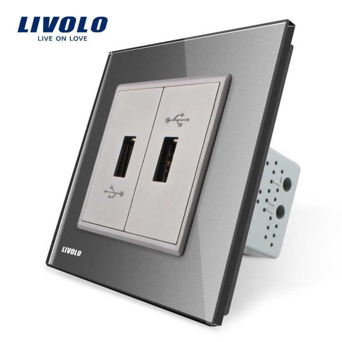 Priza dubla USB Livolo cu rama din sticla SmartElectro IntelligentHouse