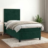 vidaXL Pat box spring cu saltea, verde &icirc;nchis, 90x200 cm, catifea 3142884
