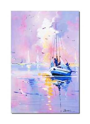 Tablou pictat manual, Apus de soare cu veliere, 60x40cm pictura ulei pe panza, Mircea Iordache foto