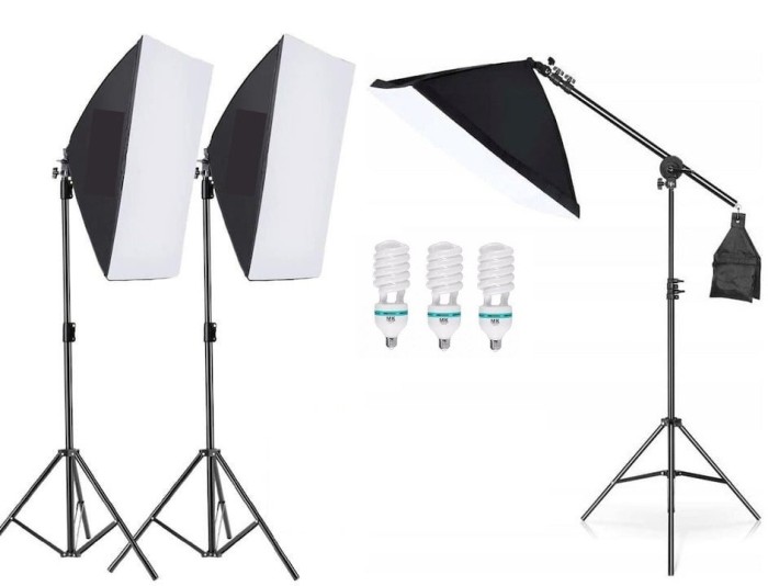 Kit de 3 softboxuri cu macara ajustabila, 3 trepiezi reglabili 200 cm, 3 becuri 85W