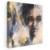 Tablou canvas pictura portret femeie, galben, maro 1375 Tablou canvas pe panza CU RAMA 100x100 cm