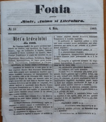 Foaia pentru minte , inima si literatura , nr. 16 , 1863 , Brasov , I. Muresanu foto