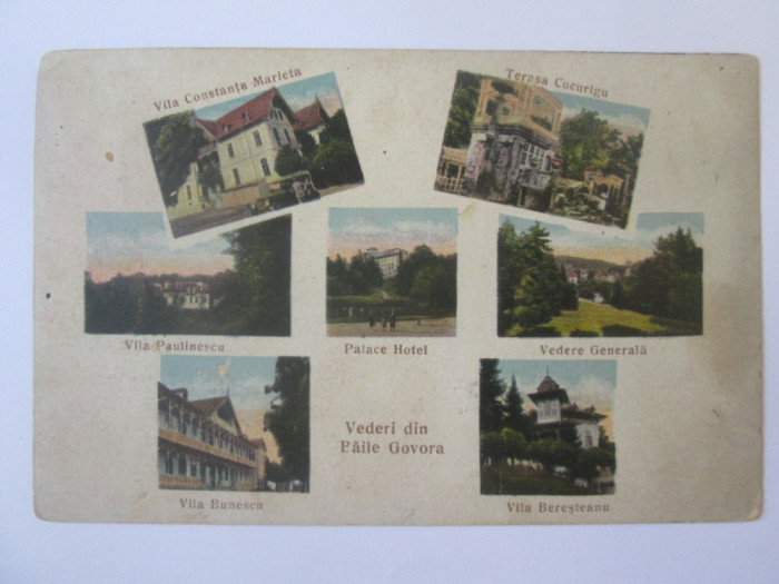 Carte poștala colaj Govora:Vile,hotel,terasa Cucurigu,circulată 1931