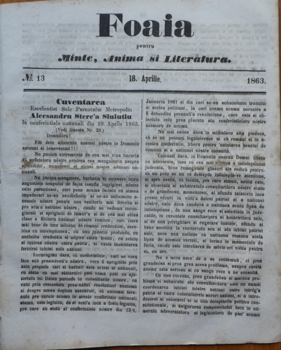 Foaia pentru minte , inima si literatura , nr. 13 , 1863 , Brasov , I. Muresanu