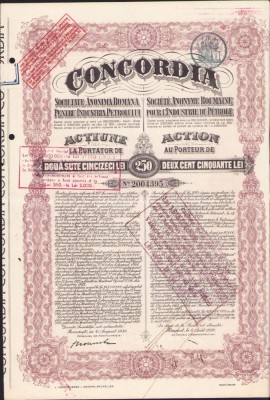 A575 Acțiune la purtător de 250 lei Concordia, interbelică foto