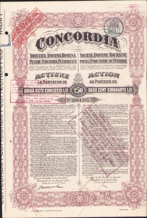 A575 Acțiune la purtător de 250 lei Concordia, interbelică