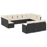 Set mobilier de gradina cu perne, 13 piese, negru, poliratan