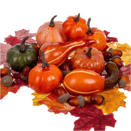 Decoratiuni artificiale de toamna, set 50 frunze, dovleci, ghinde, multicolor