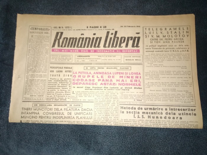 ZIARUL ROMANIA LIBERA 10 FEBRUARIE 1949