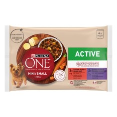Hrana umeda caini, Purina One Mini Active, plic 4 x 85 g, talie mica, adult, carne de vita si rata in sos