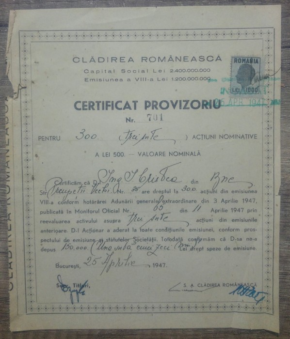 Certificat provizoriu Cladirea Romaneasca, actiuni noimative/ 1947