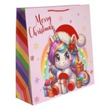 Sacosa cadou de Craciun, Roz, cu Model Unicorn si Fulgi, 45x18x45cm, CMCLASS