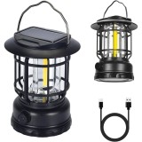 Lampa camping portabil&Auml; retro, 30 cob led, intensitate reglabil&Auml;, &Atilde;nc&Auml;rcare solar&Auml; &amp; usb, acumulator inclus, negru, 5w