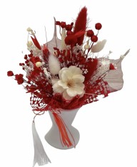 Marturie Martisor tip magnet de frigider cu floare de cires si plante naturale uscate - Rosu Alb