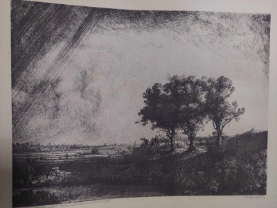 Litografie Veche Gravura Peisaj,,Die drei B&amp;auml;ume,1643 von Rembrandt van Rijn foto