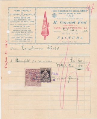 Factura M. Carniol Fiul Prima fabrica de stampile, medalii Aparate de stins incendiul pompier BUCURESTI 1922 foto
