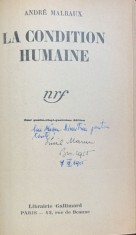 La condition humaine (Conditia umana- carte in franceza) - Andre Malraux - dedicatie Emil Manu, critic literar