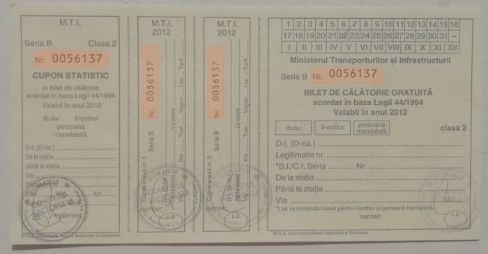 QW13 10 - 2012 - militar - document transport gratuit pentru militari - clasa II