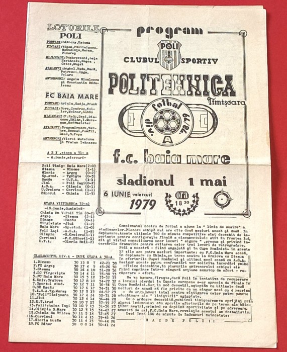 Program meci fotbal POLITEHNICA TIMISOARA - FC BAIA MARE (06.06.1979)