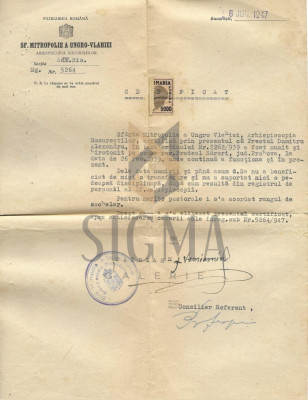 DOCUMENT - CERTIFICAT ARHIEPISCOPIA BUCURESTILOR / HIROTONIRE , PAROHIA PREDEAL SARARI, 1947 foto