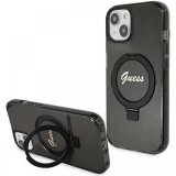 Guess Husa Ring Stand Glitter MagSafe iPhone 15 Negru