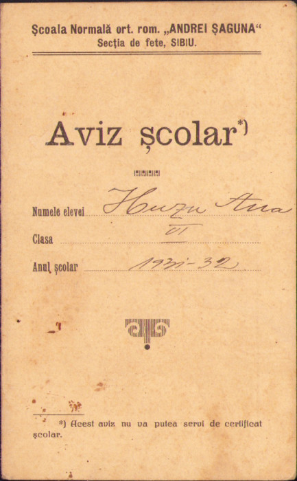 HST A2121 Aviz școlar 1931 Școala normată ort rom de fete Andrei Șaguna Sibiu