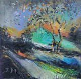 Pictură originală ulei pe p&acirc;nză &bdquo;Doi copaci l&acirc;ngă apă &icirc;n lumina apusului&rdquo; 17x17 cm, pe șasiu. Certificat cu semnătura și ștampila artistului