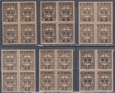 1946/1947 TAXA DE PLATA COROANA (CU FILIGRAN) EM.a III-a BLOCURI DE 4 TIMBRE MNH foto