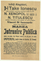 Afis electoral Marea Intrunire Publica : Take Ionescu,Titulescu,Xenopol, cca1920 foto