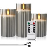 Cumpara ieftin Lumanari LED din sticla reincarcabile fara flacara set de 3 cu telecomanda &amp; timer 24h ceara reala palpaire &ndash; Gri