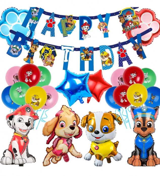 Set De 26 Baloane Figurine Folie Patrula Catelusilor 72 cm, Baloane 30 cm, stegulete decorative, Multicolor