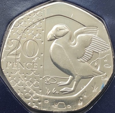 20 pence 2023 Marea Britanie, Puffin, Charles al-III-lea, Tudor crown privy mark, Brilliant uncirculated, Coincard, km#2439 foto