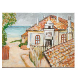E57. Tablou, Casa de la malul marii, reinterpretare Tonitza, neinramat, 24x18 cm, Peisaje, Acrilic, Impresionism