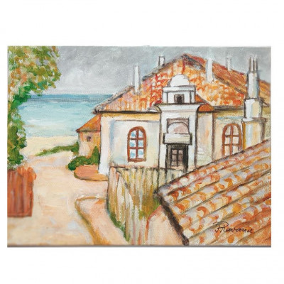 E57. Tablou, Casa de la malul marii, reinterpretare Tonitza, neinramat, 24x18 cm foto