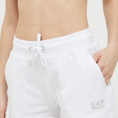 EA7 Emporio Armani pantaloni scurti femei, culoarea alb, neted, medium waist