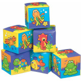 Set 6 cuburi noi pentru baie, Playgro, Cu animalute marine, Dimesiune 7.5 cm fiecare cub, Soft blockes for bath