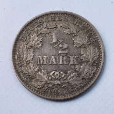 Moneda din argint Germania 1/2 Mark 1912 sigla D, in stare foarte buna - Luciu