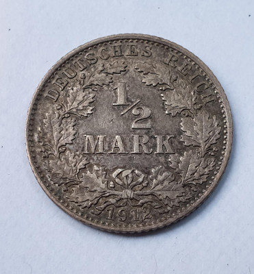 Moneda din argint Germania 1/2 Mark 1912 sigla D, in stare foarte buna - Luciu foto