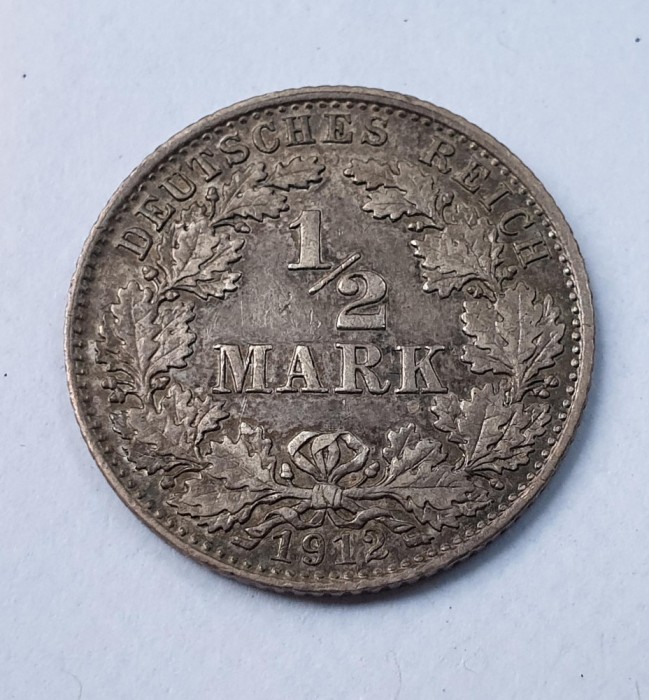 Moneda din argint Germania 1/2 Mark 1912 sigla D, in stare foarte buna - Luciu