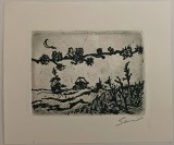 Lucrare gravură semnată, 14x12 / 9x7, artist roman, atasata la o felicitare format mare de la Academia de Artă, artă rom&acirc;nească