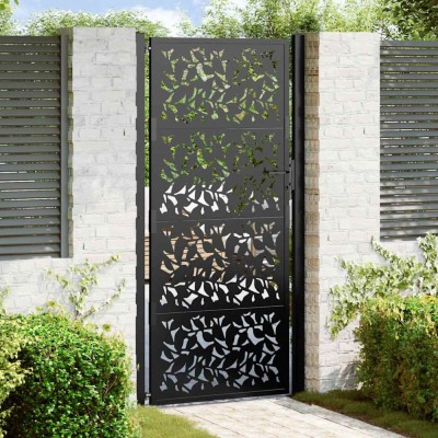 Poarta de gradina neagra 105x205 cm Design cu frunze de otel foto