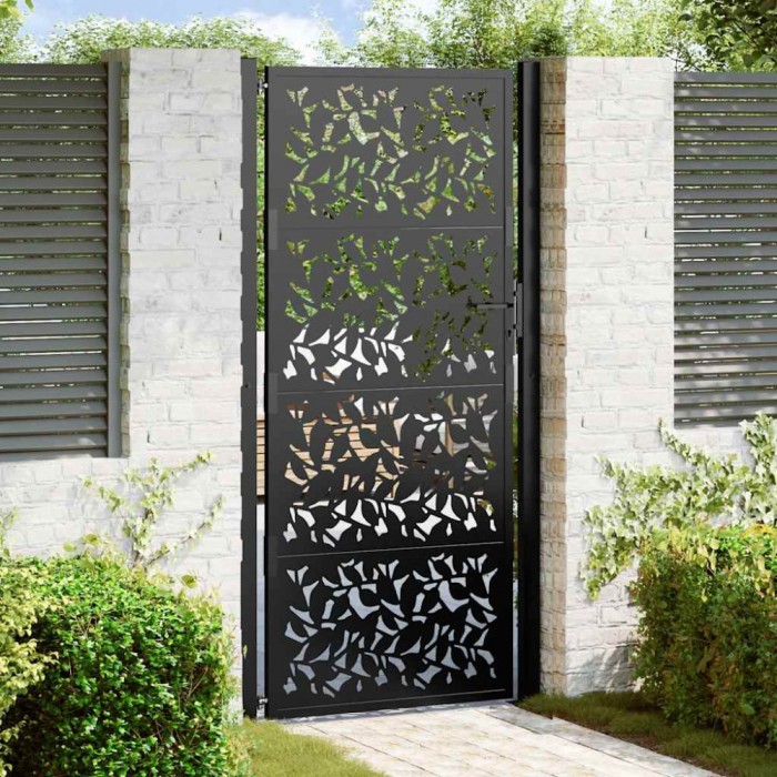 Poarta de gradina neagra 105x205 cm Design cu frunze de otel