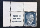 Germania (Deutsches Reich 1941-1944) "Hitler-Kopf" cu C&acirc;mp Publicitar Lateral"Spare bei der Postsparkasse!" (4Pf Albastru, Ștampilat / Used) CLK1