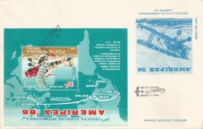 |Romania, LP 1159/1986, Exp. Filat. Int. &amp;quot;Ameripex&amp;#039;86&amp;quot;, Chicago, col. dant. ,FDC foto